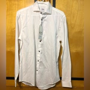 NWT Zara Long Sleeve White Cotton Button Down Shirt in Size Large
